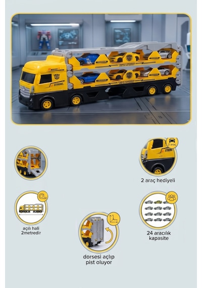 2 Metre Transformers Temalı 2 Metal Arabalı 24 Araç Kapasiteli Dev Taşıyıcı Yarış Pistli Oyuncak Tır
