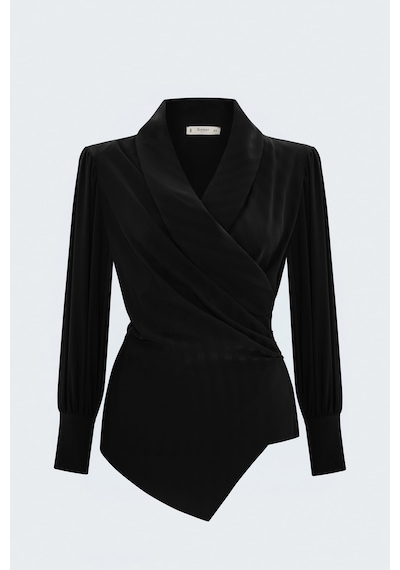 Sateen Çizgi Desenli Kruvaze Bluz - Siyah-137962