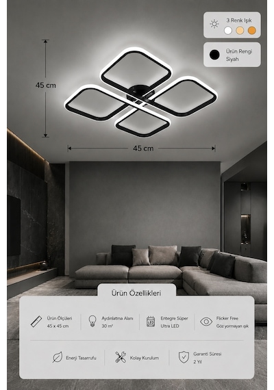 Nuvo Led Plafonyer Avize 3 Renk Kumandalı Siyah