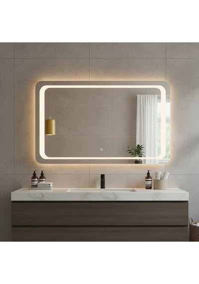 70x90 Cm Köşe Form Led Li Dikdörtgen Ayna Dimmable Dokunmatik Günışığı 3000k Sarı