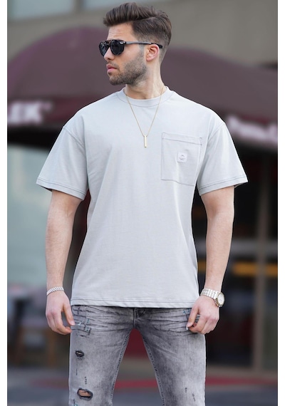 Madmext Boyalı Gri Oversize Cep Detaylı Erkek Tişört 7001-boyalı Gri Boyalı Gri