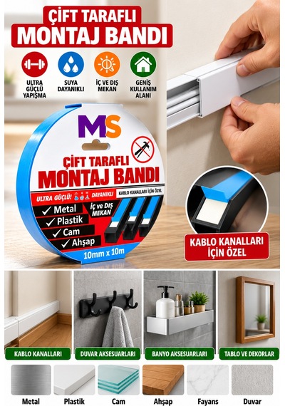 3 Adet Ultra Güçlü 10 Mm X 10 Mt Çift Taraflı Köpük Montaj Bandı Metal Plastik Cam Bantı Bantları