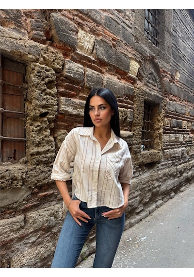 WeShaya Vizon Çizgili Cepli Gömlek Kumaş Gömlek Vizon