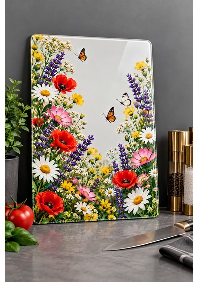 Gökçeoğlu Cam Kesme Tahtası Çiçek Bahçesi Temalı - Cam Kesme Tablası 30cm X 40cm Çok Renkli