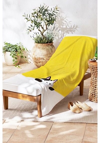 Kedi Figürlü Sarı Çocuk Plaj Havlusu - Sevimli Minimalist Beyaz Çocuk Hızlı Kuruyan Mikrofiber Havlu Pastel Melon