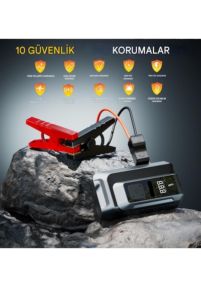 18.000 Mah Akım Korumalı Akü Takviye Cihazı Ve Lastik Hava Kompresörü Uyarı Işıklı Ve Powerbanklı