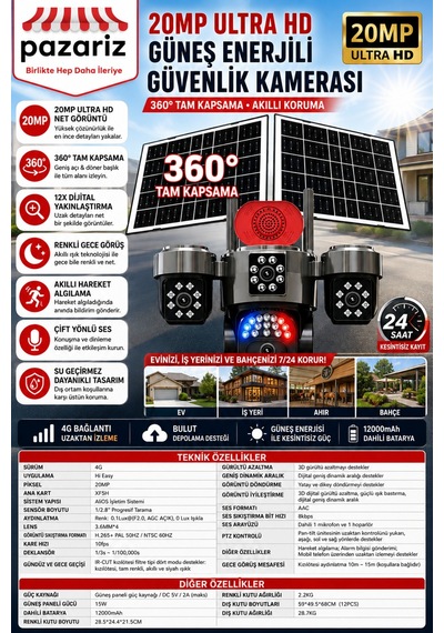 20mp 4 Kameralı 4g Solar Güvenlik Kamerası 360 Görüş, 12x Zoom, Gece Görüşü, Çift Solar Panel, Siren, Sesli Konuşma, Sım Kartlı, Aov Akıllı Kamera