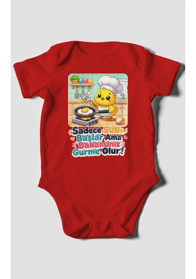 Morivokids Sadece Sütle Başlar Yazılı Kısa Kollu Bebek Body %100 Pamuk Kırmızı