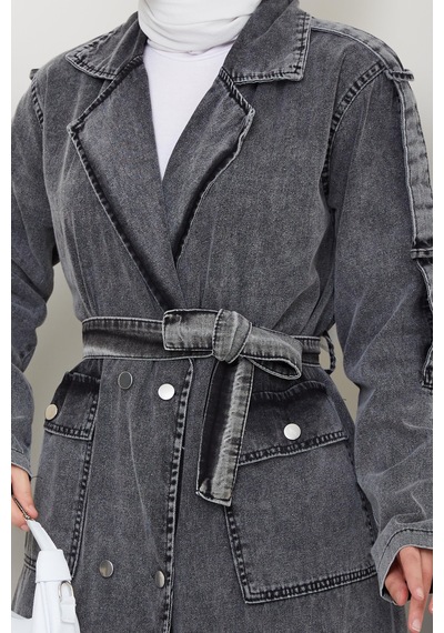 Hb Harma Time Butik Kadın Cepli Kuşaklı Denim Koyu Gri Trençkot