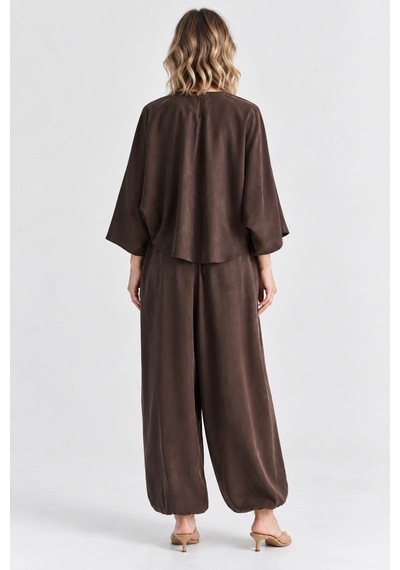 Mevese Rahat Kesim Modal Takım - Yarasa Kol Oversize Bluz Ve Geniş Paça Şalvar Pantolon - Acı Kahve Kahverengi