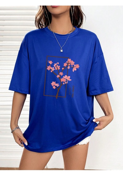 Unisex Kiraz Ağacı Baskılı Tasarım Tshirt Mavi