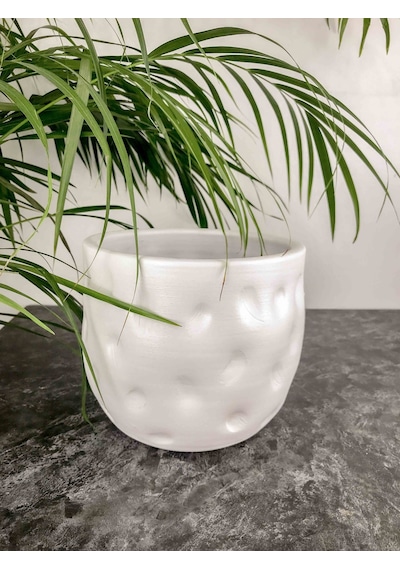 Bitki Tasarımı Ev Dekorasyon Aksesuar Beyaz Desenli Toprak Saksı Saksılık Salon Çiçeklik - 19 CM