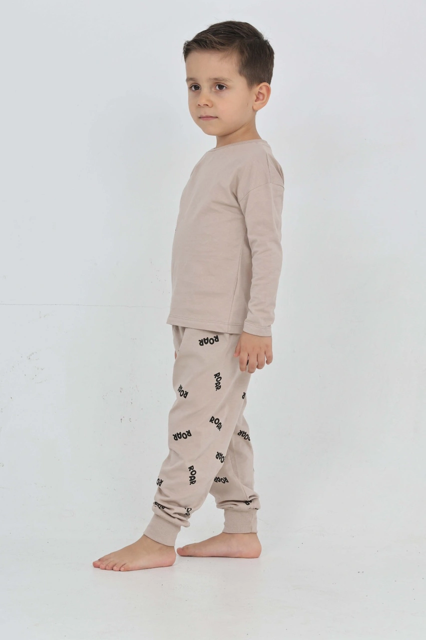 Toontoy Kids Toontoy Erkek Çocuk Roar Baskılı Pijama Takım Bej