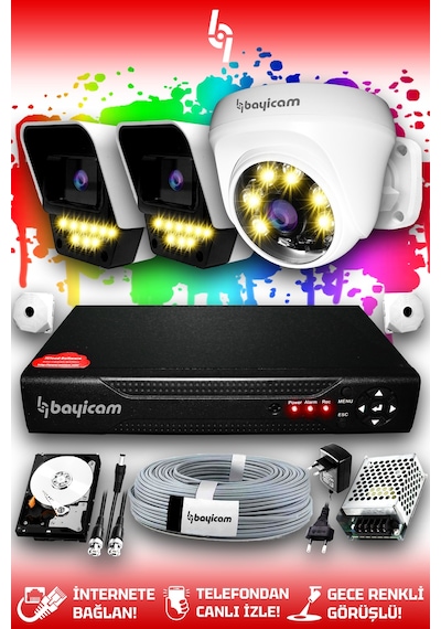 Bayicam 3 Kameralı Süper 1 İç Kamera Set 320 GB 5 MP 2K Renkli Gece Görüşlü Güvenlik Kamerası Sistemi