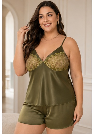 Loule Büyük Beden Haki İnce Askılı Dantelli Saten Şortlu Pijama