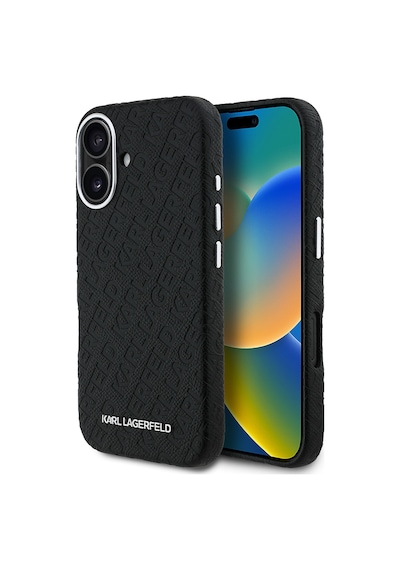 Apple Uyumlu iPhone 16 Kılıf Karl Lagerfeld Lisanslı Pu Deri Damgalı Metal Yazı Logolu Kapak Siyah