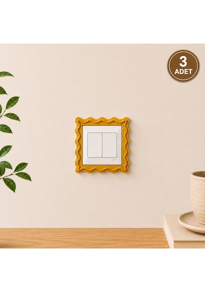 3 Adet Dalga Desenli Priz Ve Anahtar Çerçevesi Yapışkanlı 3 Adet Şık Tasarım Standart Ölçü 8.5 Cm İç Çap Gold