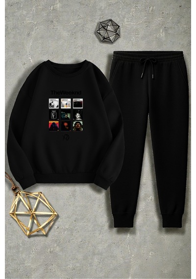 Uyguntarz Unisex The Weekend Tasarım Basklı Bisiklet Yaka Sweatshirt - 2'li Eşofman Takımı Siyah