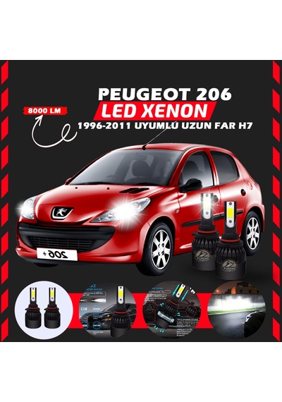 Peugeot 206 1996-2011 Uzun Far Uyumlu Şimşek Etkili Led Xenon Light Series H7