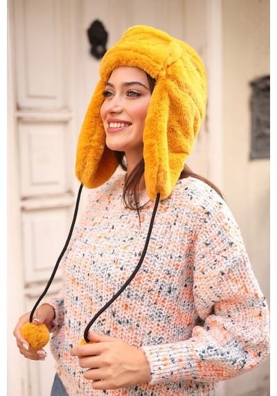 Kadın Kürklü Kulaklıklı Peluş Şapka Rkş-04 Hardal Hardal