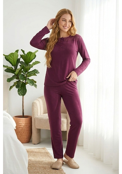 Aura Collections Kadın Dantelli Bambu Viskon Uzun Kollu Mevsimlik Soft Örme Pijama Takımı Bordo