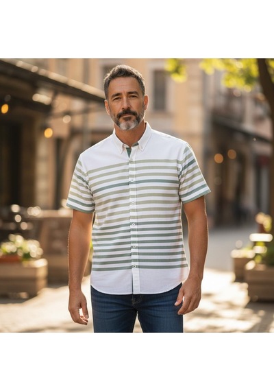 Slim Fit Pamuklu Çizgili Pano Desen Kısa Kollu Gömlek Slim Fit Kalıp Yeşil