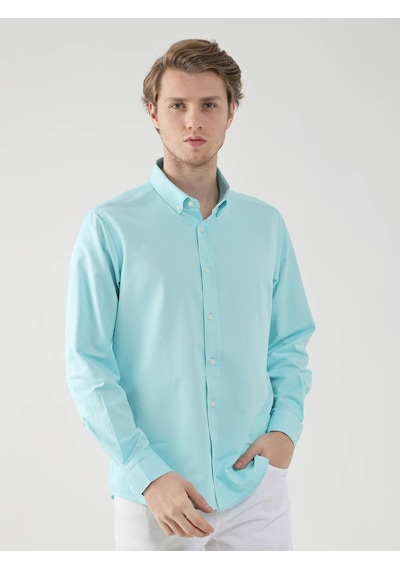 Dufy Mint Yeşili Erkek Slim Fit Brent Düğmeli Yaka Uzun Kol Gömlek - 92093 Mint