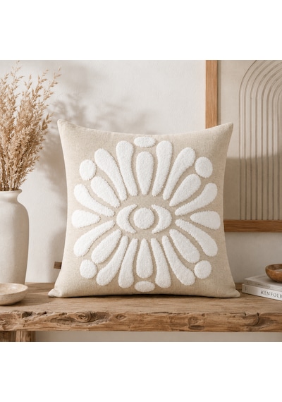 Flora 43x43 Cm Dekoratif Kırlent Kılıfı Kabartmalı Çiçek Desenli Modern Koltuk Yastık Kılıfı Bej