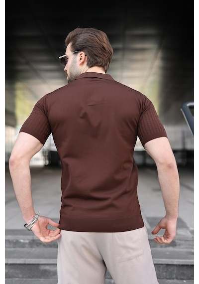 Madmext Kahverengi Slim Fit Polo Yaka Triko Erkek Tişört E7472 Kahverengi