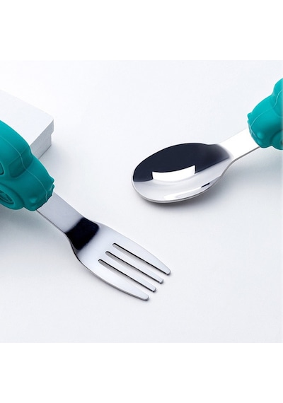 Gri Çocuk Bpa Free Silikon Saplı Paslanmaz Çelik Uçlu Çatal-kaşık, 9+ Ay