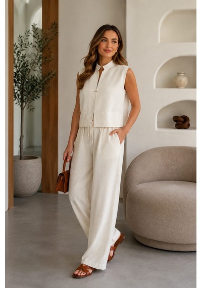 Unika Boutique Kadın Keten Yelekli Takım Taş