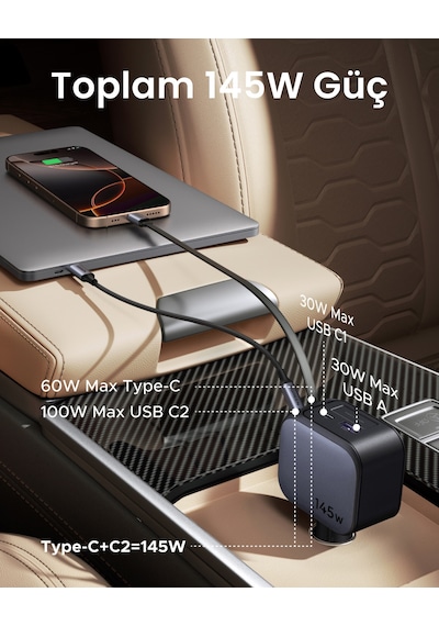 Ugreen 145w Usb-c Makaralı Dahili Kablolu Hızlı Araç Çakmaklık Şarj Cihazı, 2x Usb-c, 1x Usb-a Port, 55910b
