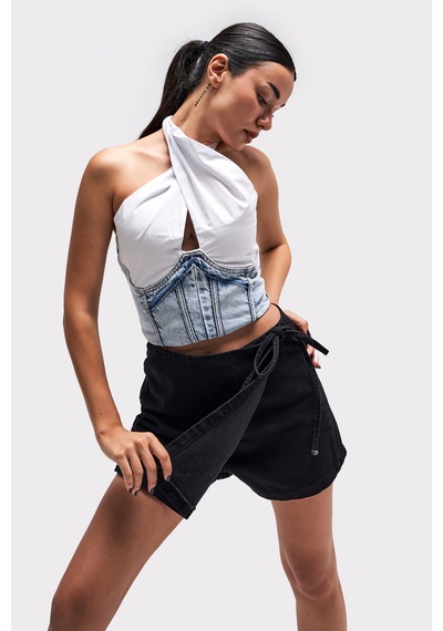 it's basic Kadın Taşlanmış Siyah Renk Belden Bağcıklı Denim Şort Etek