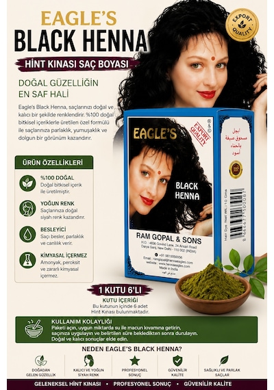 Black Henna Hint Kınası Saç Boyası Siyah Renk 6 Lı Kutu Doğal Görünümlü Kalıcı Saç Boyası