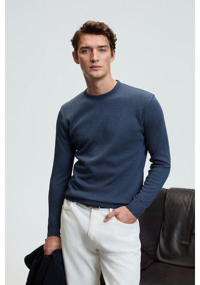 Grımelange VAREX Erkek Yuvarlak Yaka Basic Slim Fit Triko Mavi Kazak