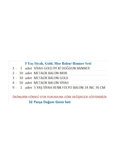 5 Yaş Siyah, Gold, Mor Balon+banner Seti
