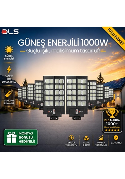 10'lu Paket Dls 1000w Güneş Enerjili Solar Sokak Lambası Hareket Sensörlü Led Bahçe Aydınlatması