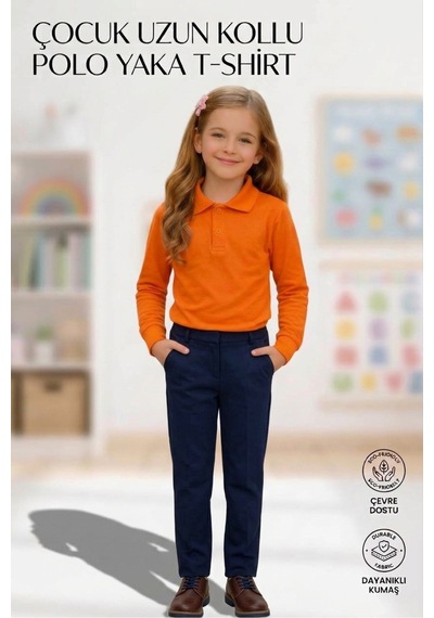 Erdem Kıds Unisex Kız Erkek Çocuk Polo Yaka Pamuklu Uzun Kol Oranj-turuncu-orange Günlük Basic Okul Tişört Orange Orange