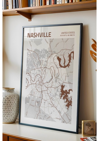 Nashville Abd Haritası Çerçeveli Tablo Lüks Salon Ofis Duvar Dekorasyonu Hediyelik Tablo