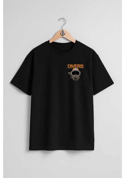 Oversize Divers Dalgıç Başlığı Cep Tasarımlı Unisex T-shirt Siyah