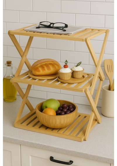 Doğal Bambu Katlanabilir 3 Katlı Raf Çok Amaçlı Mutfak, Banyo Ve Dekoratif Organizer Br-6715 Kahverengi