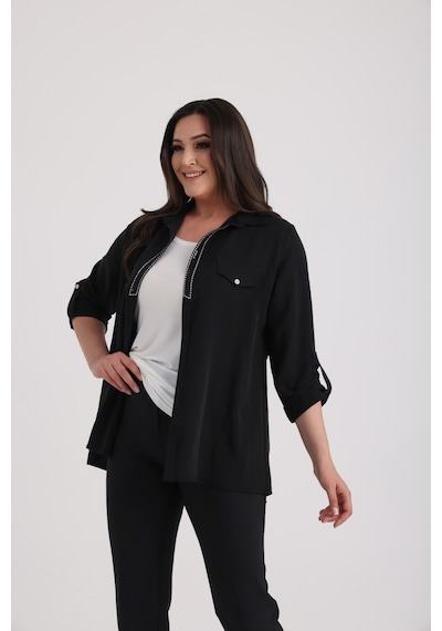 By Saygı Kadın Kolsuz Likralı Bluz Kol Katlamalı Patları Pullu İşlemeli Ceket Büyük Beden 2'li Takım Siyah By Saygı Kadın Kolsuz Likralı Bluz Kol Katlamalı Patları Pullu İşlemeli Ceket Büyük Beden 2'li Takım Siyah