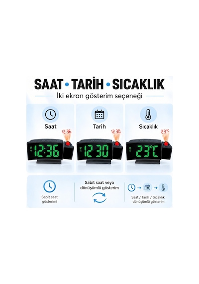 Valkyrie Projeksiyonlu Dijital Masa Saati Yeşil Led Ekranlı Alarm Snooze Sıcaklık Tarih Usb Ve Pil Siyah