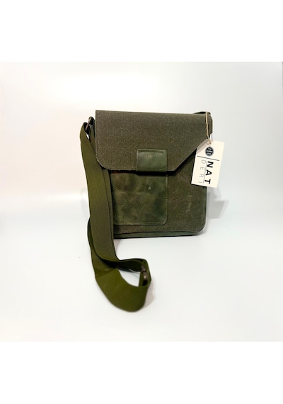 Natderi Hakiki Deri Ve Kanvas Omuz Çantası 20x21 Cm Ayarlanabilir Askılı, Ön Cepli Unisex Günlük Çanta Haki