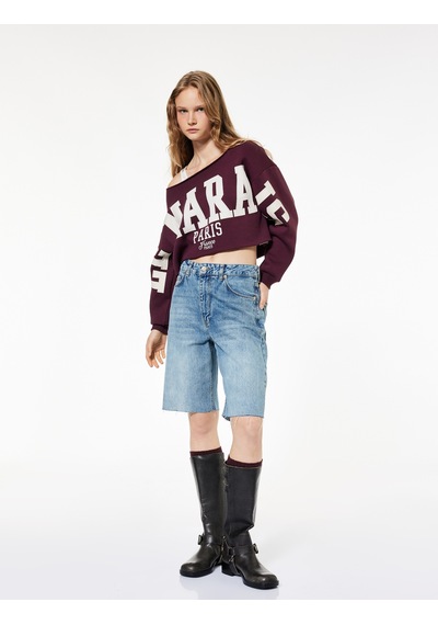 Koton Şardonlu Uzun Kollu Baskılı Kayık Yaka Oversize Crop Sweatshirt Bordo 6wal10574ık Bordo