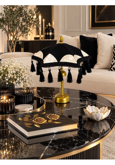 Missidea Black Dantelli El Yapımı Dekoratif Masa Üstü Lamba Bali Şemsiyesi 30x40 Cm Siyah