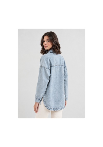 Esb Design Kadın Açık Mavi Ayıcık Nakışlı Oversize Denim Gömlek Ceket