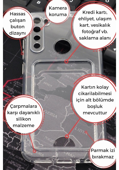 Xiaomi Redmi Note 8 Uyumlu Kredi Kartlıklı Şeffaf Kılıf Kamera Korumalı