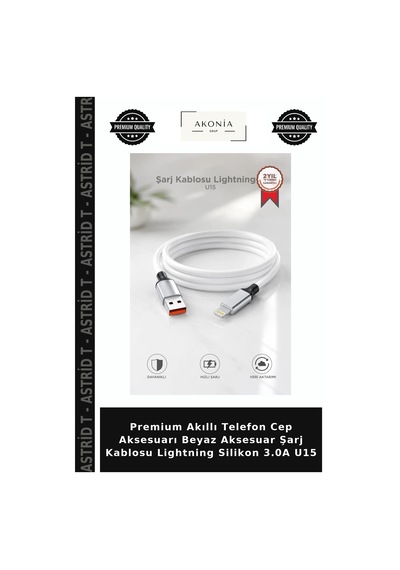 Premium Akıllı Telefon Cep Aksesuarı Beyaz Aksesuar Şarj Kablosu Lightning Silikon 3.0a U15
