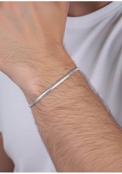 925 Ayar Gümüş Balık Sırtı Ezme İtalyan Model Erkek Zincir Bileklik Barcode Gümüş
